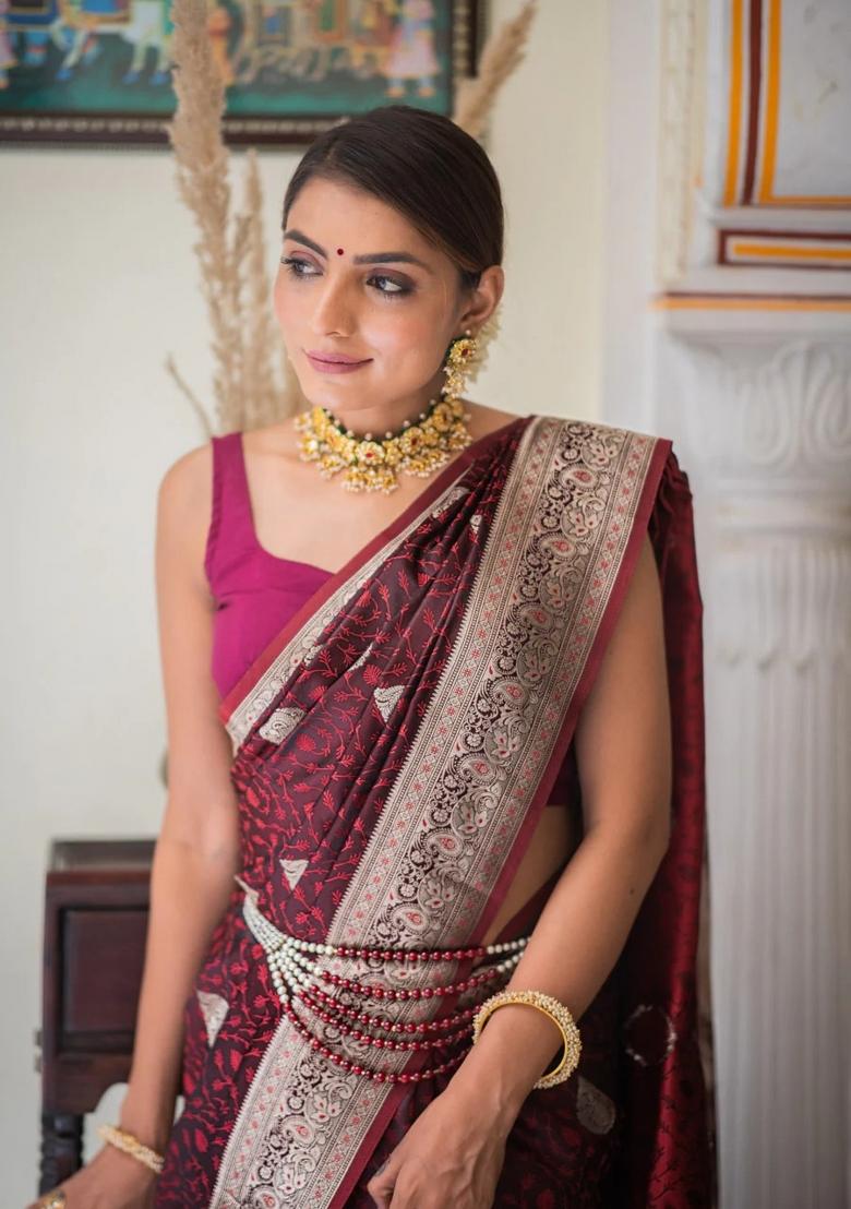 Maroon Printed Silk Blend Saree Set - Indya