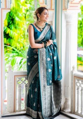 Teal Blue Printed Silk Blend Saree Set