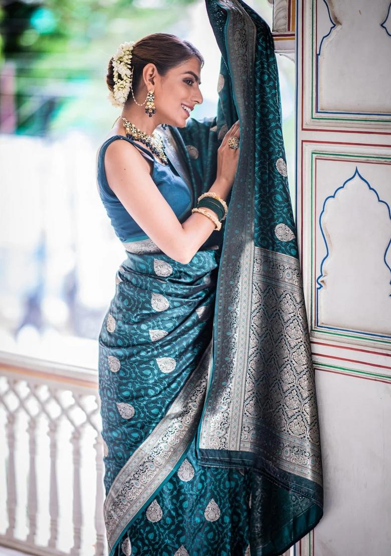 Teal Blue Printed Silk Blend Saree Set - Indya