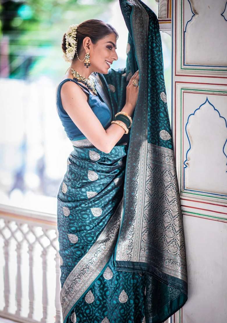 Teal Blue Printed Silk Blend Saree Set for Diwali and Festive Wear - Indya