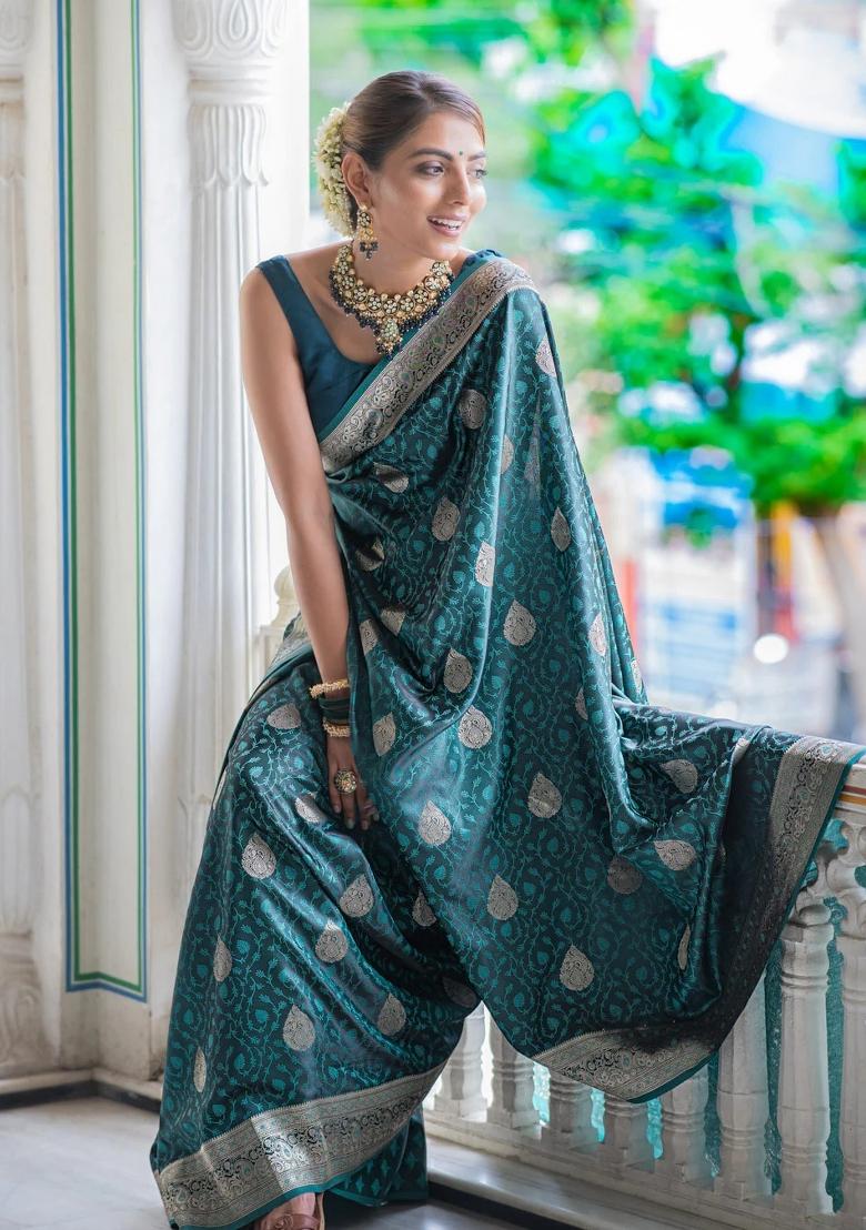 Teal Blue Printed Silk Blend Saree Set - Indya