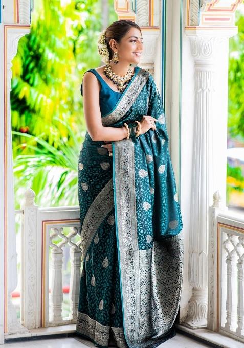 Teal Blue Printed Silk Blend Saree Set