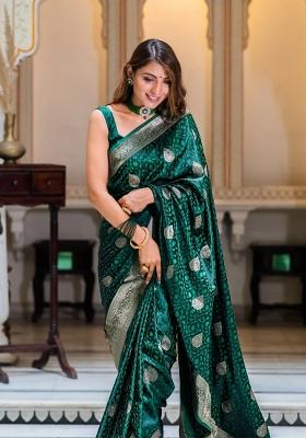Teal Green Printed Silk Blend Saree Set