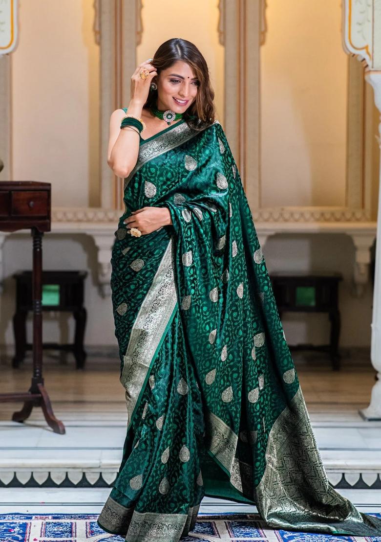 Teal Green Printed Silk Blend Saree Set - Indya