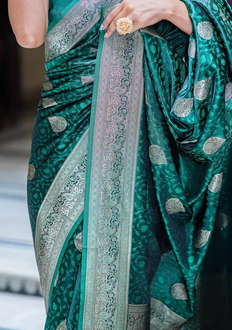 Teal Green Printed Silk Blend Saree Set - Indya