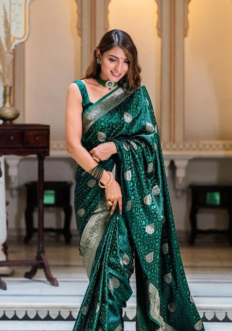 Teal Green Printed Silk Blend Saree Set