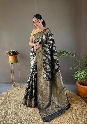 Black Printed Silk Blend Saree Set