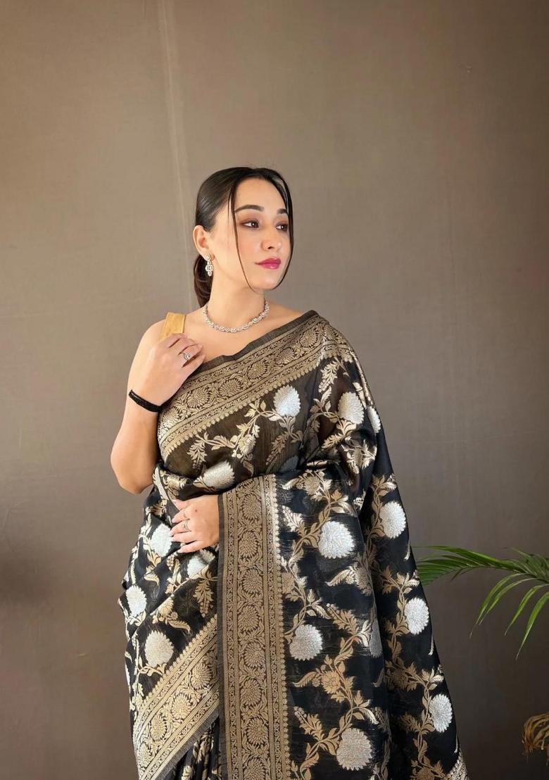 Black Printed Silk Blend Saree Set - Indya