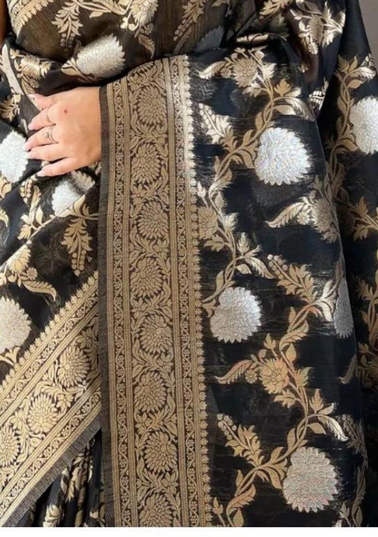 Black Printed Silk Blend Saree Set - Indya