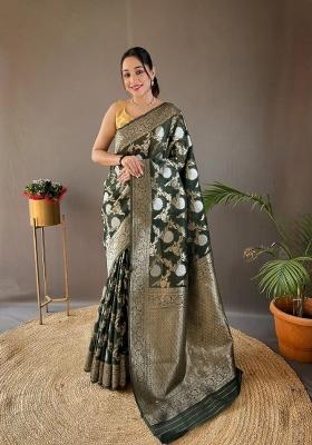 Green Printed Silk Blend Saree Set