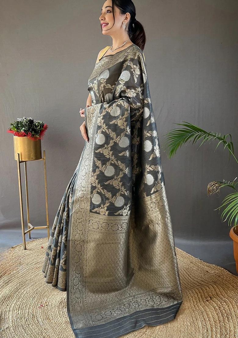 Grey Printed Silk Blend Saree Set - Indya