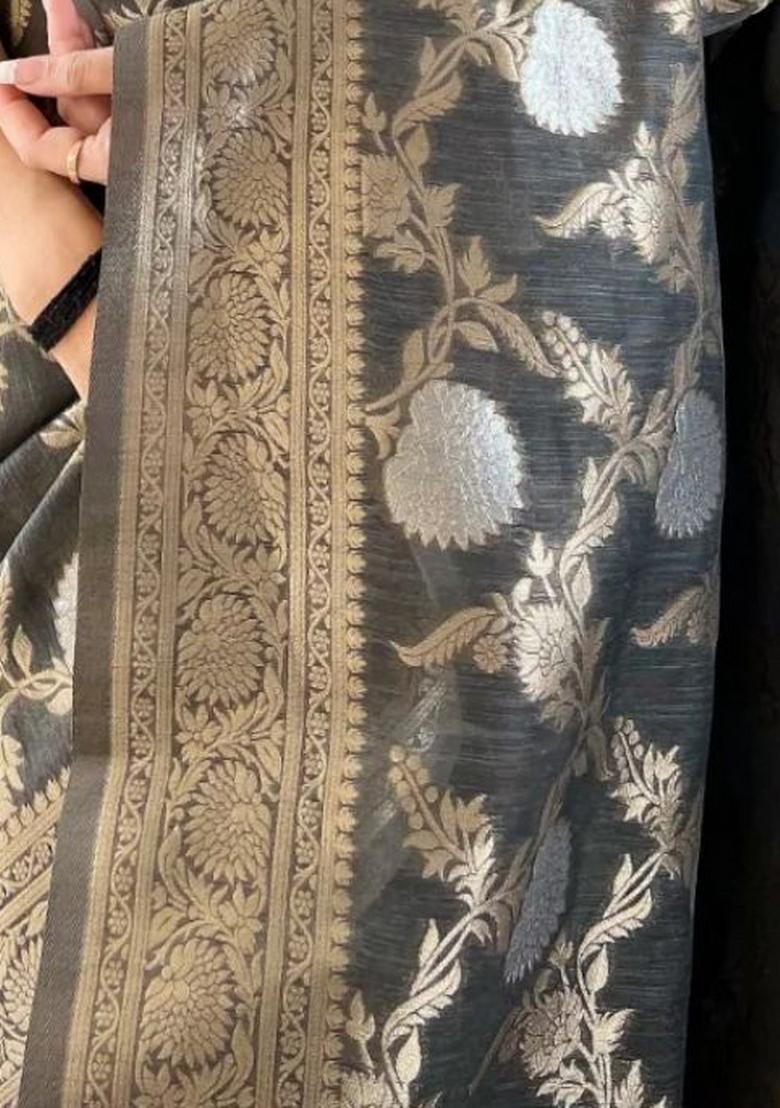 Grey Printed Silk Blend Saree Set - Indya