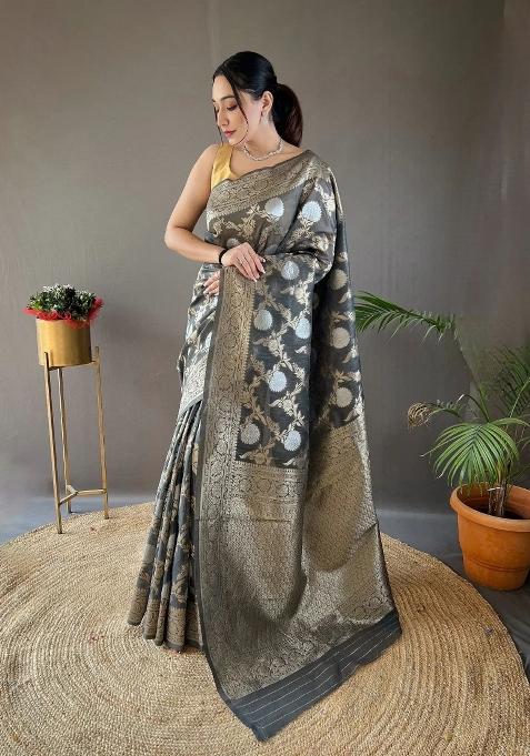 Grey Printed Silk Blend Saree Set