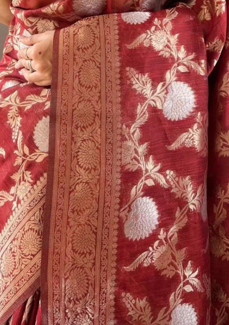 Red Printed Silk Blend Saree Set - Indya