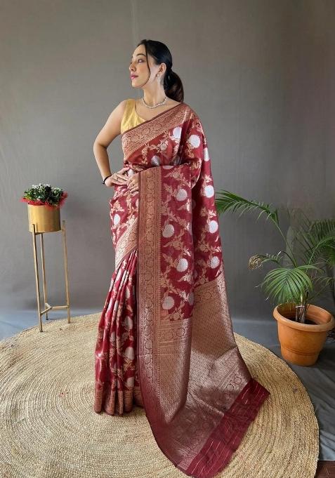 Red Printed Silk Saree Set