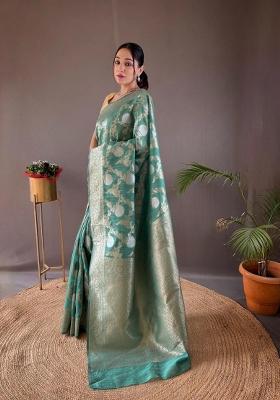 See Green Printed Silk Blend Saree Set