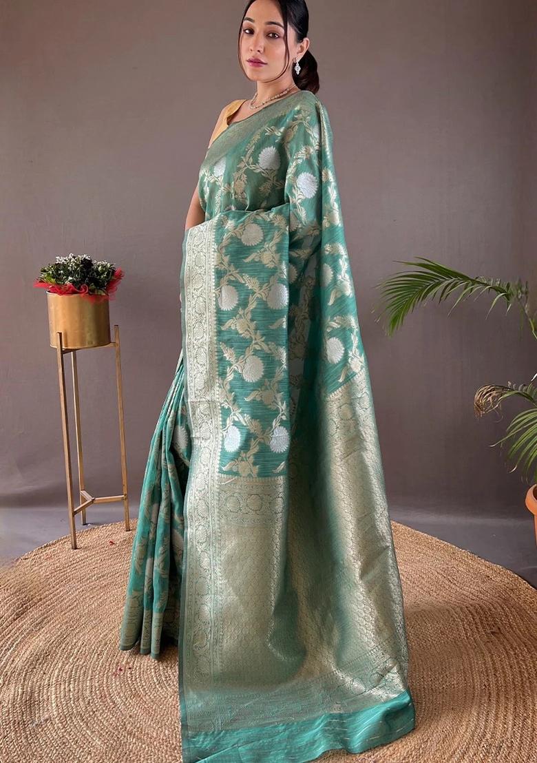 See Green Printed Silk Blend Saree Set - Indya