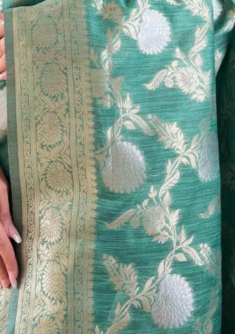 See Green Printed Silk Blend Saree Set - Indya
