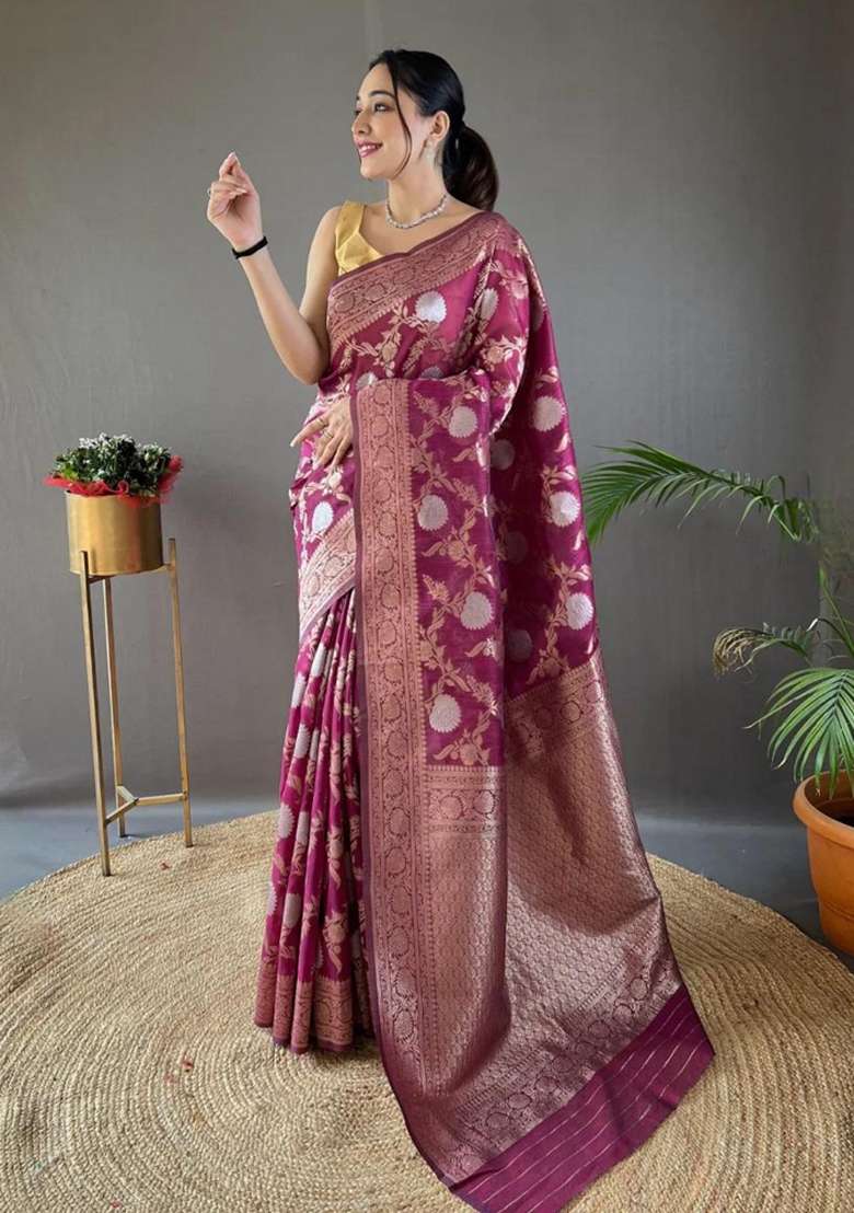 Wine Printed Silk Blend Saree Set for Diwali and Festive Wear - Indya