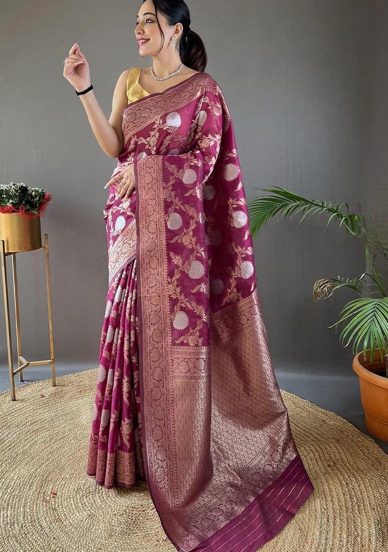 Wine Printed Silk Blend Saree Set - Indya