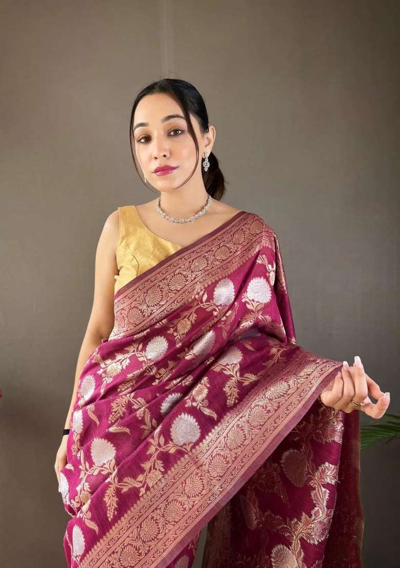 Wine Printed Silk Blend Saree Set for Diwali and Festive Wear - Indya