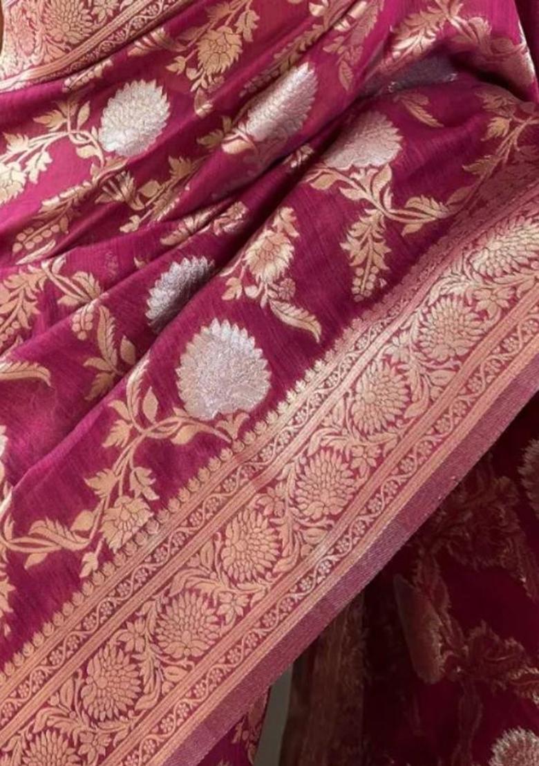 Wine Printed Silk Blend Saree Set - Indya