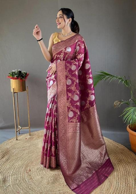 Wine Printed Silk Blend Saree Set