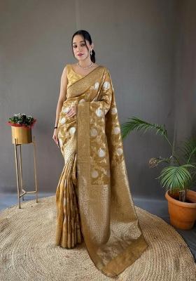 Yellow Printed Silk Blend Saree Set