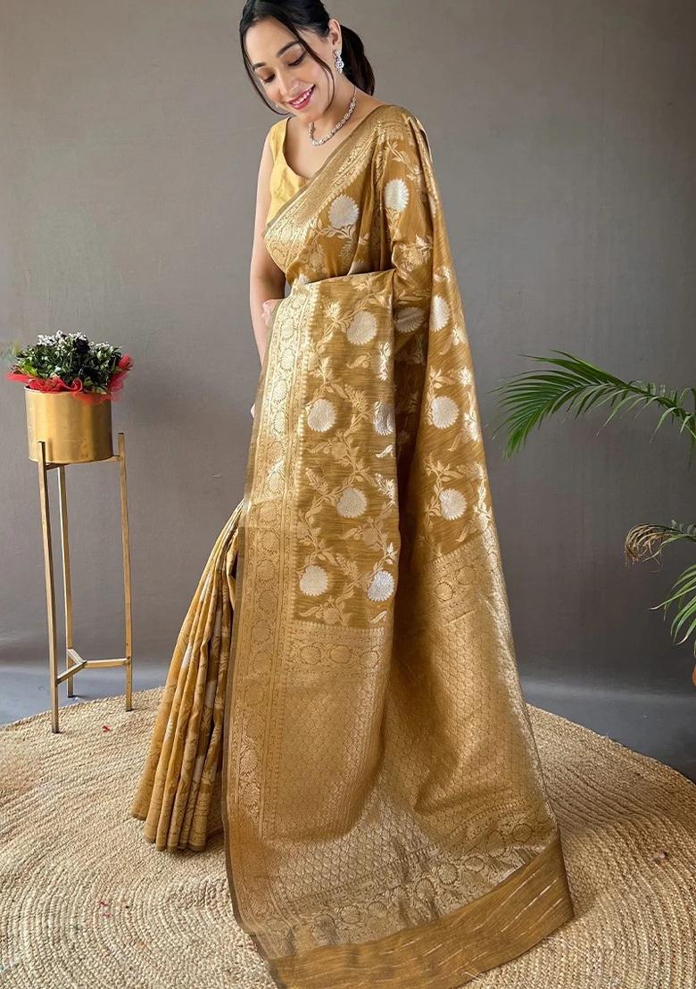 Yellow Printed Silk Blend Saree Set - Indya