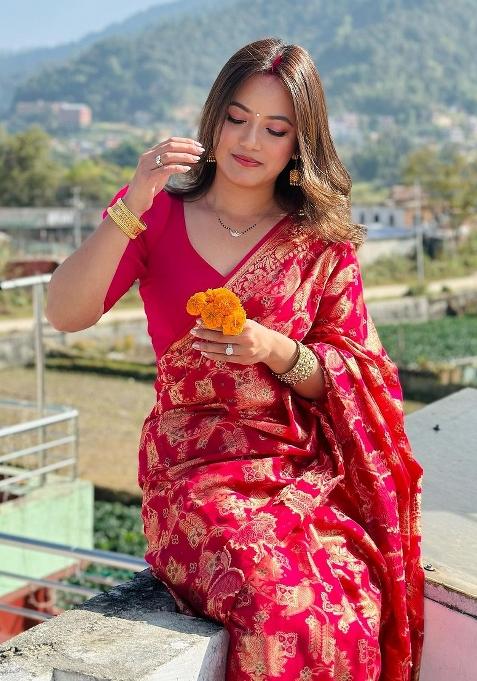 Red Printed Silk Saree Set