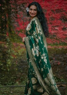 Green Printed Silk Blend Saree Set