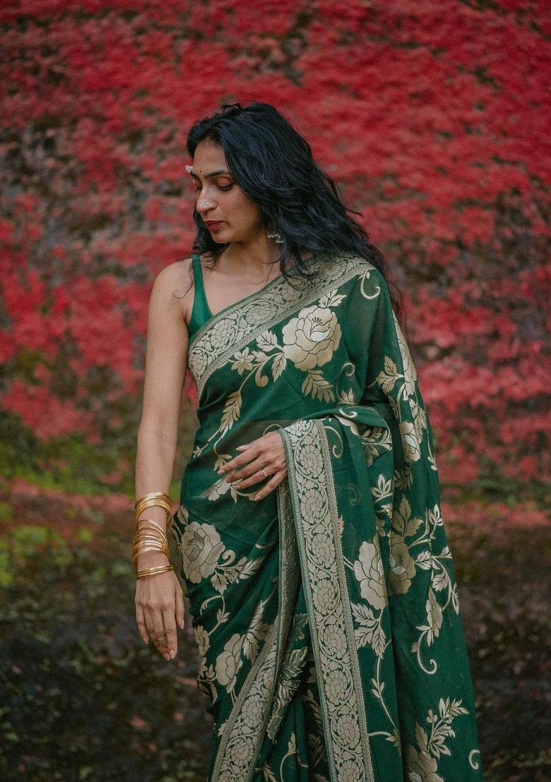 Green Printed Silk Blend Saree Set - Indya