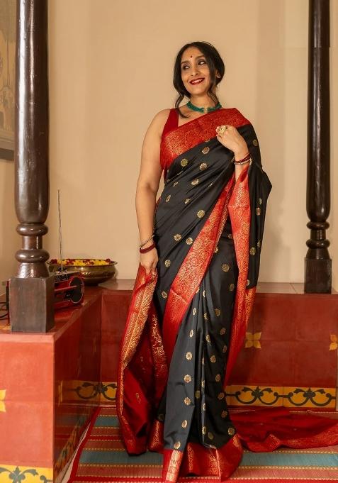 Black Printed Silk Blend Saree Set