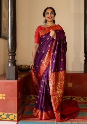 Purple Printed Silk Blend Saree Set