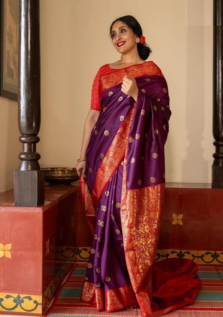 Purple Printed Silk Blend Saree Set - Indya