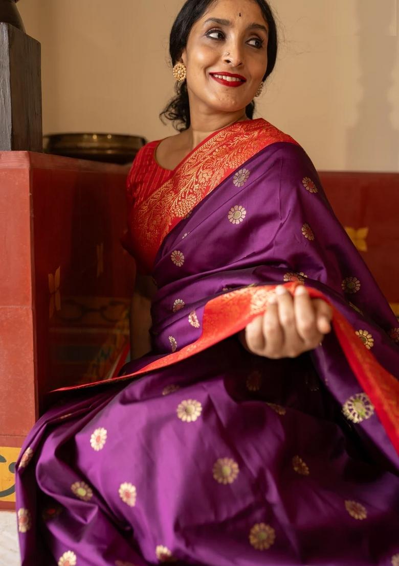 Purple Printed Silk Blend Saree Set - Indya