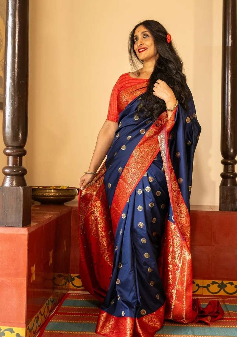 Royal Blue Silk Blend Saree Set with Printed for Diwali | Wedding & Festive Wear - Indya