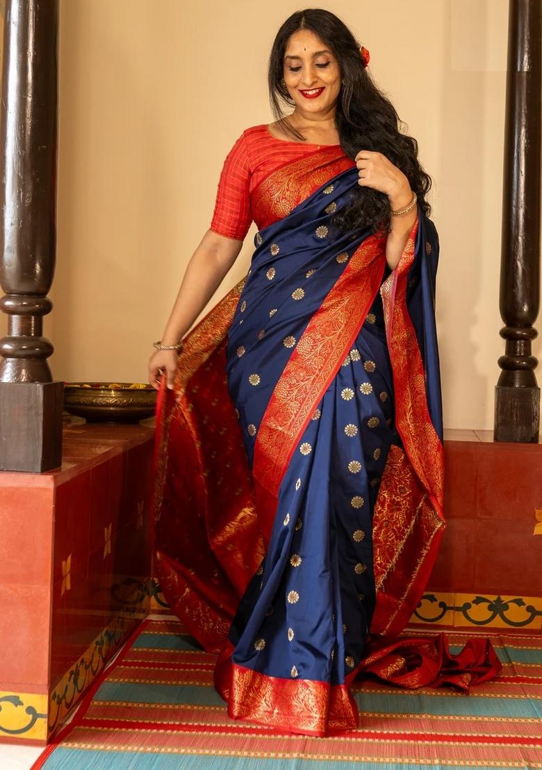 Royal Blue Printed Silk Blend Saree Set - Indya