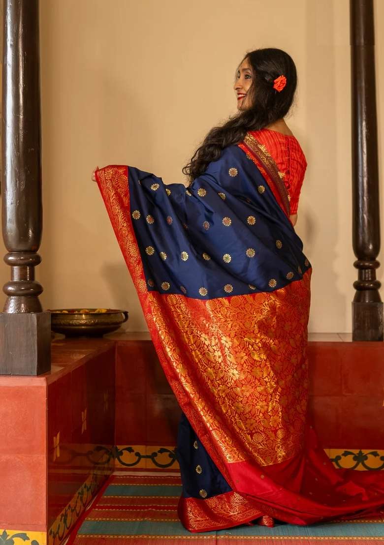 Royal Blue Silk Blend Saree Set with Printed for Diwali | Wedding & Festive Wear - Indya