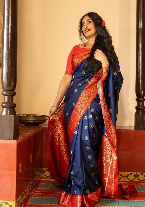 Royal Blue Printed Silk Blend Saree Set