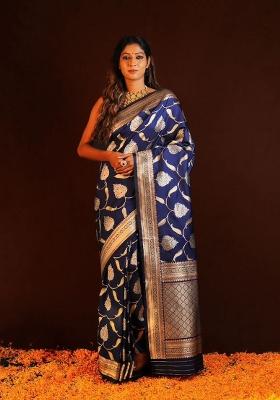 Blue Printed Silk Blend Saree Set