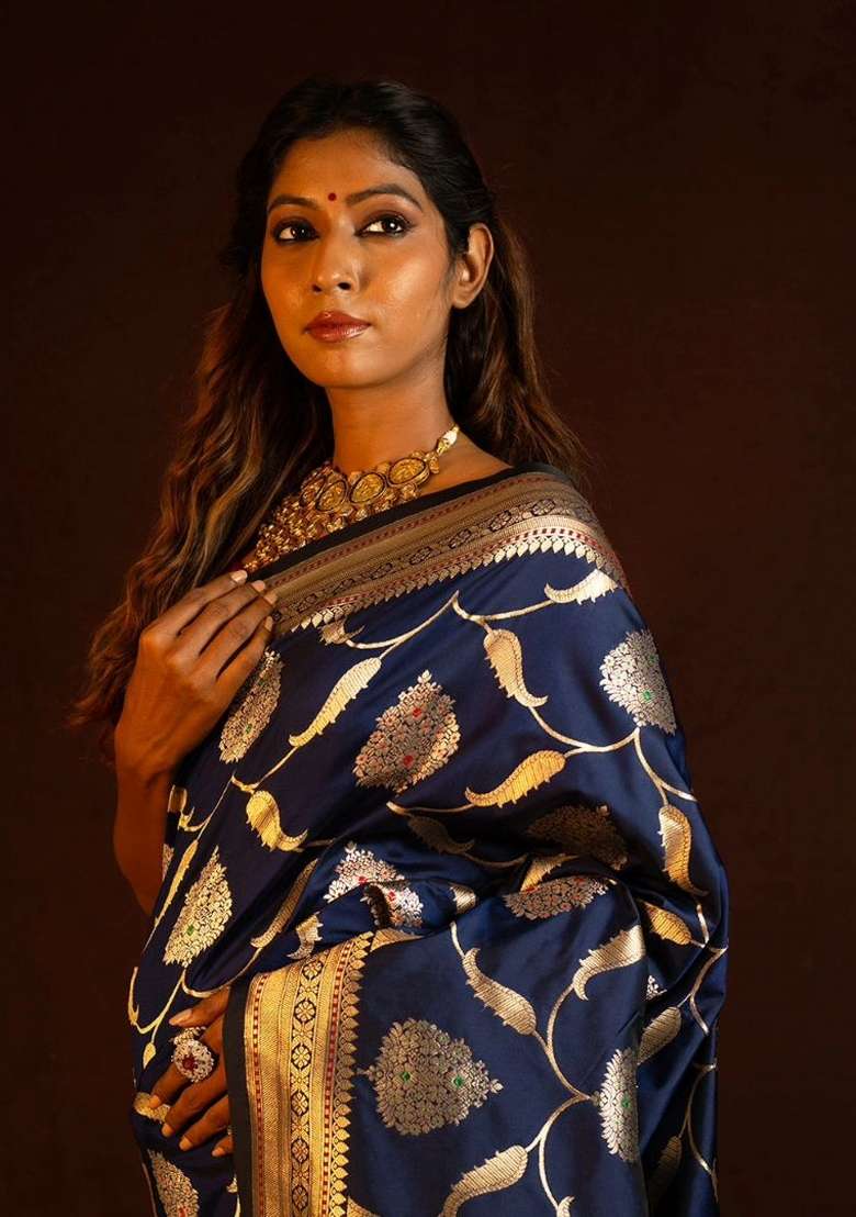 Blue Silk Blend Saree Set with Printed for Diwali | Wedding & Festive Wear - Indya