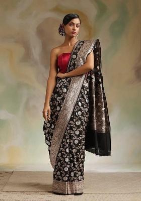 Black Printed Silk Blend Saree Set
