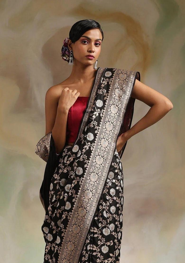 Black Printed Silk Blend Saree Set - Indya