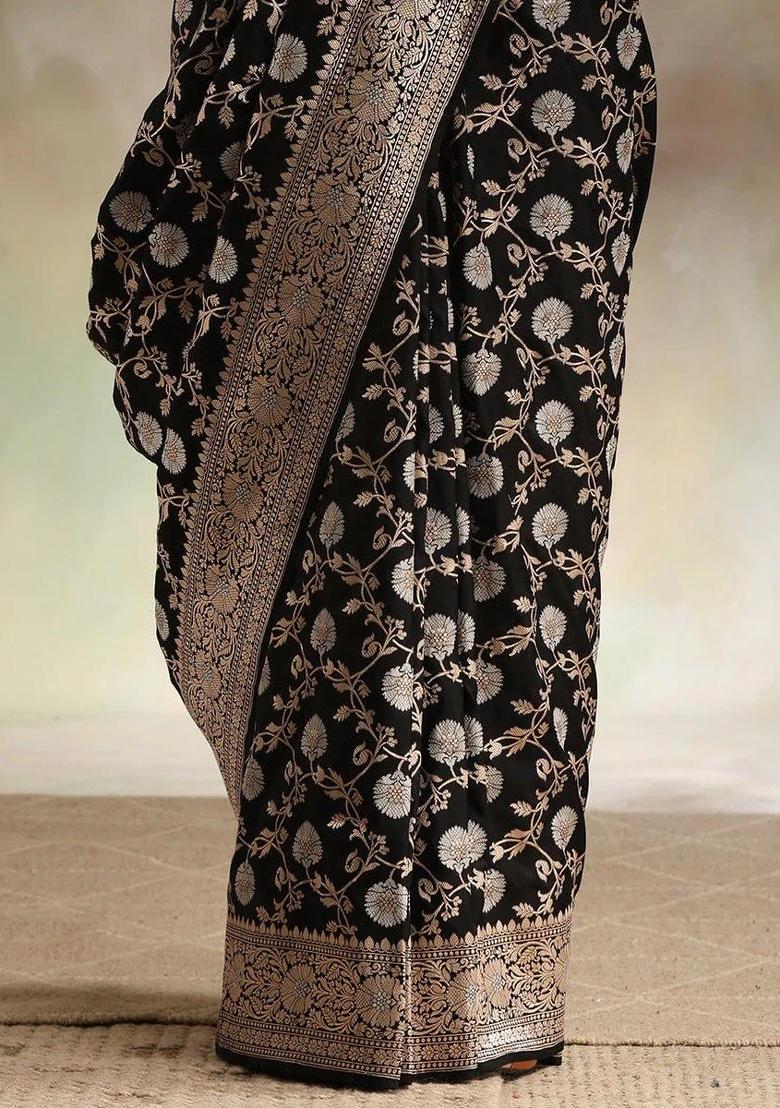 Black Printed Silk Blend Saree Set - Indya