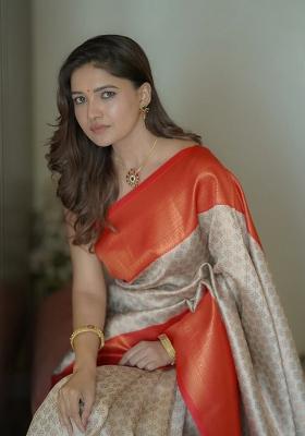 Grey Printed Silk Blend Saree Set