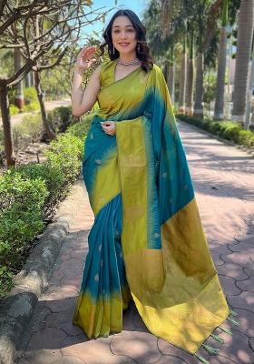 Rama Green Printed Silk Blend Saree Set