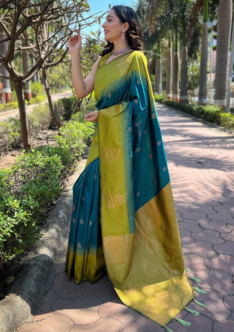 Rama Green Printed Silk Blend Saree Set - Indya