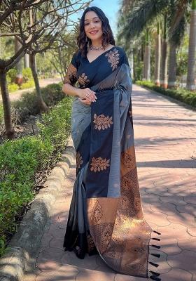 Grey Printed Silk Blend Saree Set