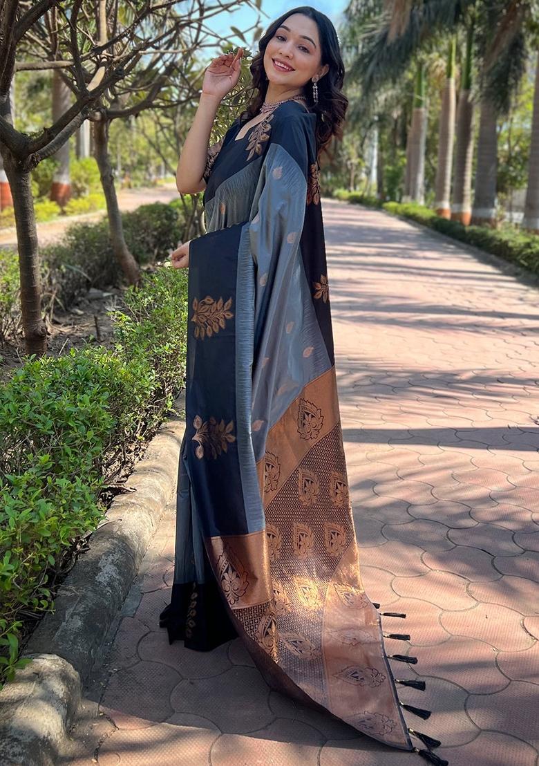 Grey Printed Silk Blend Saree Set - Indya